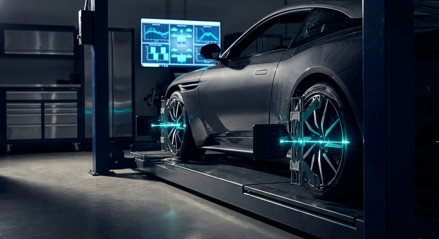 Car on the wheel alignment rig at Beyana Automotive Epping workshop