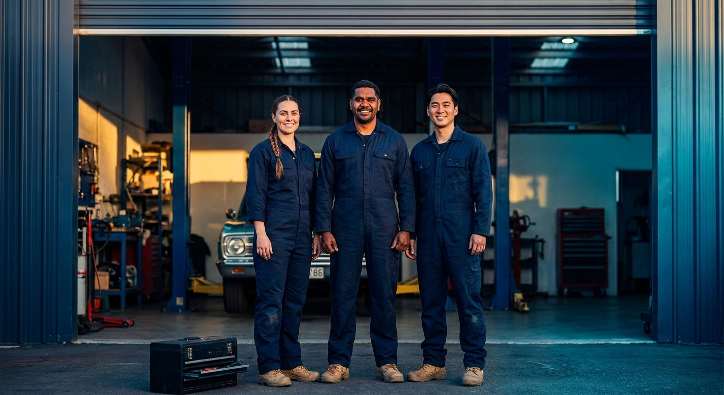 Prabhat and the Beyana Automotive team outside the Epping workshop at 18/93 Yale Drive